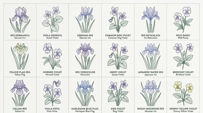 Botanical illustration set of various iris and violet flower species including German Iris, Sweet Violet, and Siberian Iris presented in a clean minimalist scientific collection style