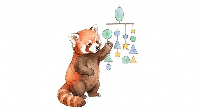 Charming watercolor red panda illustration, a playful baby red panda reaching for a colorful geometric mobile, adorable animal art for children's designs and nursery decor