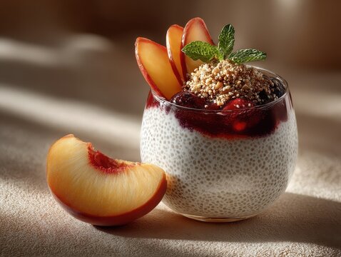 Creamy chia seed pudding topped with fresh peach slices berry compote and mint in glass bowl