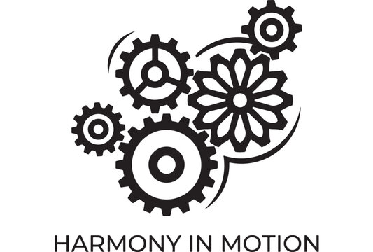 Gear and Flower Illustration Symbolizing Harmony in Motion with Black and White Design Featuring Symbol, Vector, Mechanical