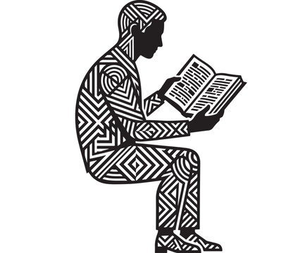 Person Reading Book with Intricate Geometric Patterns on Skin in Black and White Illustration Featuring Design, Art, Human