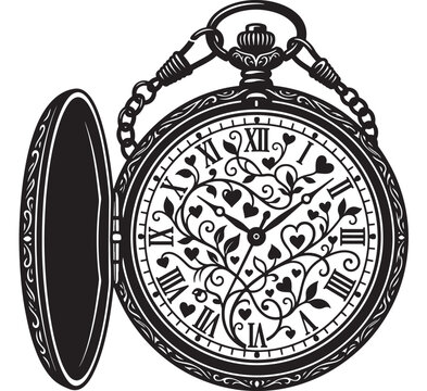 Pocket Watch Icon with Black Ornate Dial and Roman Numerals, Hearts and Floral Filigree, Vintage Style Engraving Design
