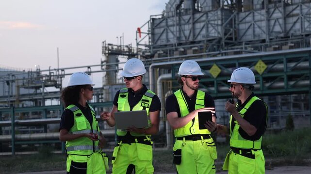 Team engineers gas separation plant petrochemical refinery reviewed engineering plans and structural engineering work pressurized pipelines in industrial energy plants ensuring safety standards.