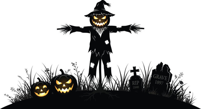 A spooky halloween illustration featuring a scary pumpkin headed scarecrow standing in a dark graveyard with glowing jack o lanterns at night