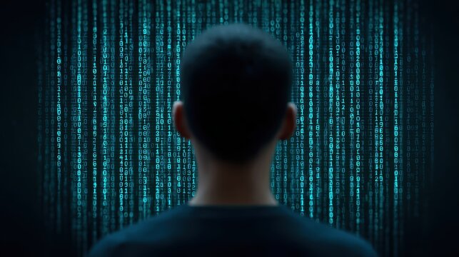 A young male software developer observing a cascading stream of blue binary code, representing cybersecurity, data analytics, and complex programming environments.