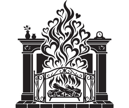 Flame Heart Emblem with Ornate Gate and Candles, Black Tattoo Style Decorative Symbol for Love and Passion Concept