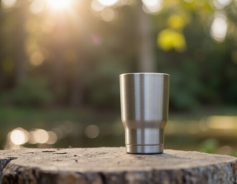 Stainless Steel Travel Tumbler Cup Mockup Standing on Tree Stump in Outdoor Park with Sunlight Bokeh
