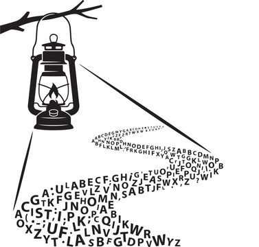 Lantern with Scattered Alphabet Letters and Symbols on a White Background, Vintage Style Illustration