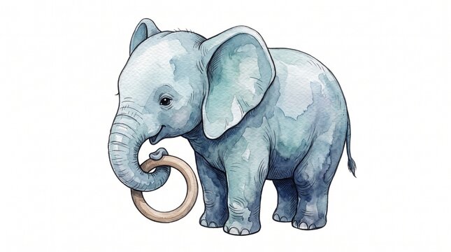 Charming baby elephant watercolor illustration, adorable blue elephant holding a wooden teether ring, cute animal artwork for nursery decor and baby shower designs