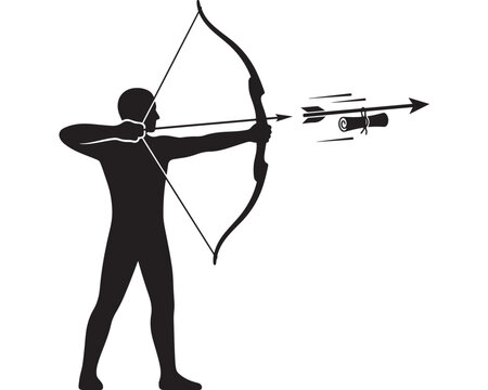Archery Icon of Bow Hunter Silhouette Shooting an Arrow with Motion Lines for Target Practice and Sports Strategy Concept