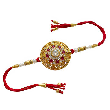 Beautiful decorative rakhi bracelet with gold and red stones for the indian festival of raksha bandhan