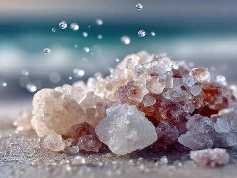 Close-up view of salt crystals and water droplets on salt rocks with a blurred ocean background