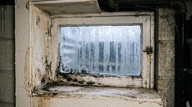 Condensation and mold discoloration on a basement window frame.