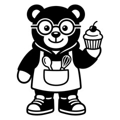 Teddy bear baker holding cupcake and kitchen tools