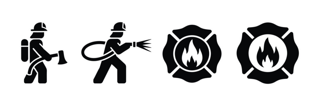 Firefighter Emergency Service Icon Set Featuring Firefighter Silhouettes, Fire Hose, Fire Axe, Fire Department Badge, Flame Emblem, Emergency Rescue Symbols, And Black Vector Illustration Isolated On 