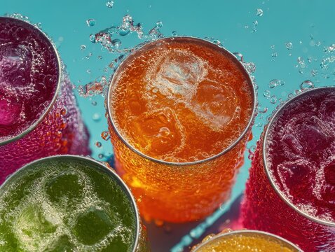 Colorful carbonated soft drinks in transparent glasses with bubbles and ice close-up shot