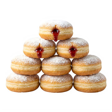 Stack of fresh sweet jelly donuts with powdered sugar and red fruit filling