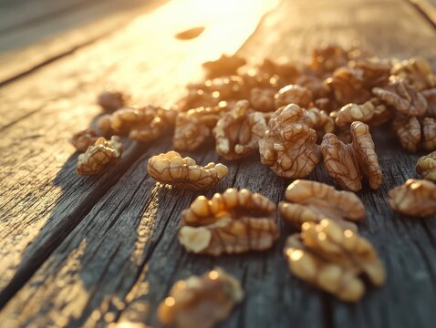 Close-up of scattered walnut halves on weathered wooden surface illuminated by warm golden sunlight du sunset or sunrise