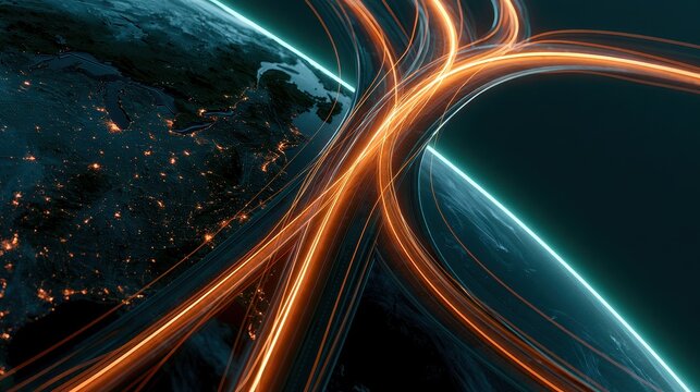 Global investment pathways visualized as glowing highways across Earth, futuristic realism, teal orange palette, 3D render, finance concept. 