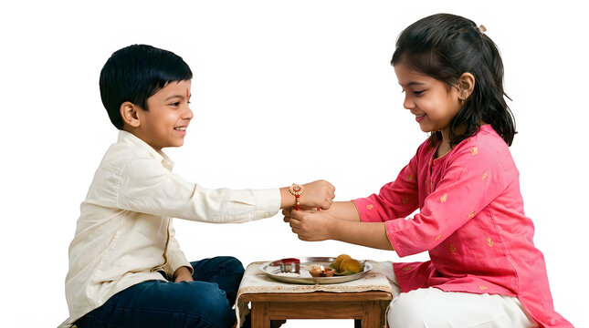 Little indian girl tying rakhi on her brother wrist for raksha bandhan festival celebration