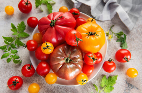 Fresh organic heirloom tomatoes from garden harvest