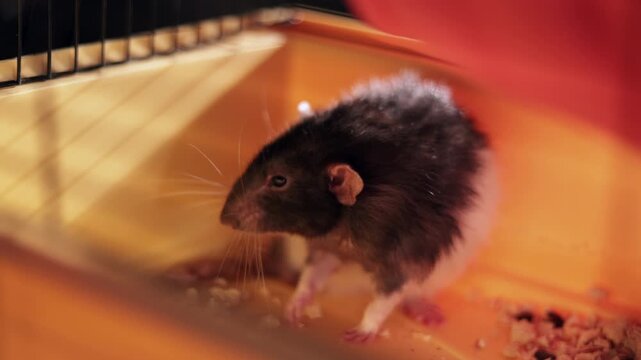 Close-up of a small rodent eating food in its enclosure with soft lighting