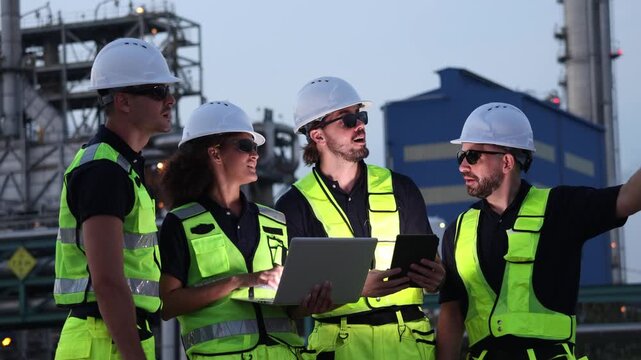 Team engineers gas separation plant petrochemical refinery reviewed engineering plans and structural engineering work pressurized pipelines in industrial energy plants ensuring safety standards.