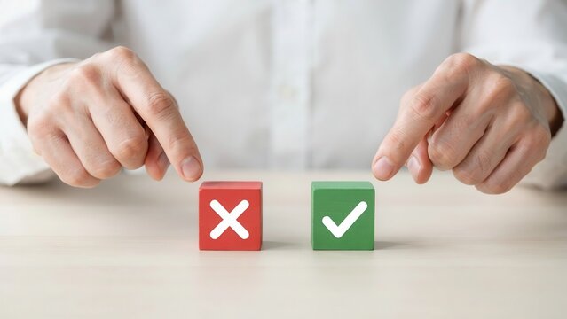 Hand choosing between wrong or right icons. Decision concept.