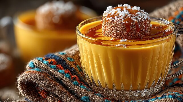 Warm caramel dessert in glass cup topped with cookie and powdered sugar close-up with cozy background