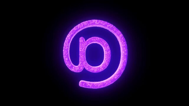 An AI generated 4k video of glowing purple at sign shimmering in dark neon lighting.