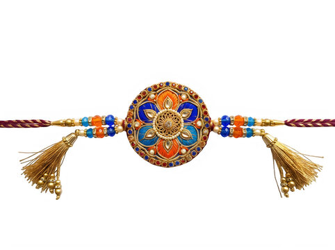 Colorful rakhi bracelet with golden decorative circular center and tassels for raksha bandhan festival