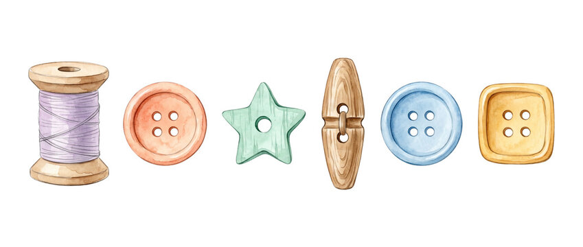 Watercolor sewing buttons thread spool illustration set, craft hobby concept elements in pastel colors, arranged on black background for design project. Cute vintage haberdashery icons.
