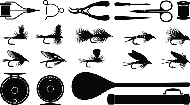 Collection of fly fishing equipment icons including artificial flies silhouette reels rod tube case bobbin and fly tying tools