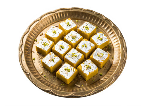 Traditional indian sweet burfi squares served on a decorative golden brass plate