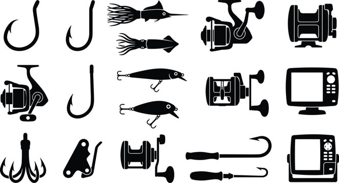 Collection of professional fishing equipment icons including spinning reels hooks artificial lures fish finders and gaffs black silhouettes set