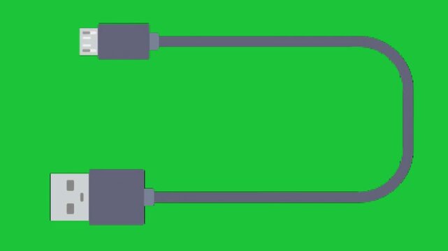 Grey usb cable with connectors vector illustration animation on chroma key green screen background