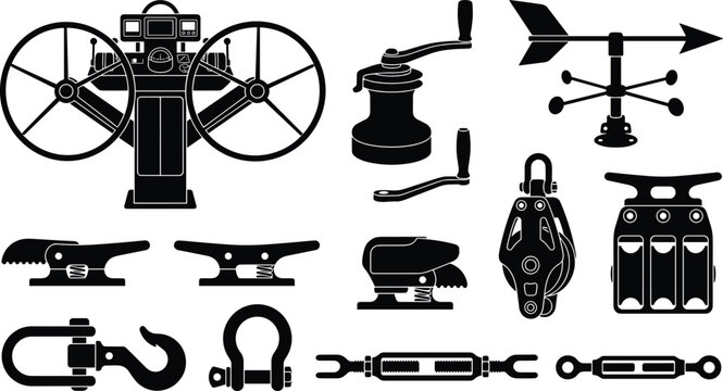 Sailing boat deck hardware and rigging equipment silhouette icon set featuring steering pedestal winch cleats blocks and shackle fittings