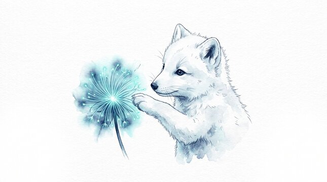 Enchanting white arctic fox cub, a magical creature illustration. Adorable baby fox with glowing dandelion, a whimsical fantasy animal artwork. Cute wildlife drawing