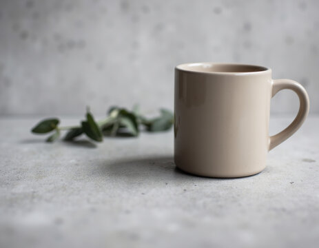 Minimalist Blank Nude Beige Ceramic Mug Mockup Standing on Concrete Surface with Eucalyptus Branch