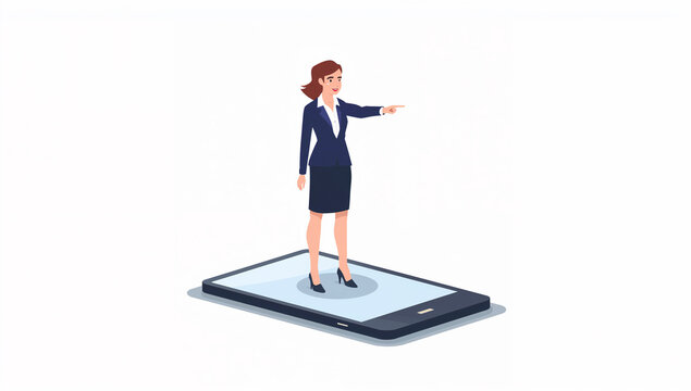 巨大なスマートフォン画面の上に立ち船長のように前方を示して指揮を執る女性