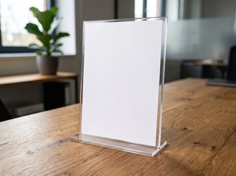 acrylic sign holder wooden desk mockup