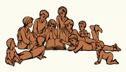 Obraz premium Vector drawing. Kids reading a book