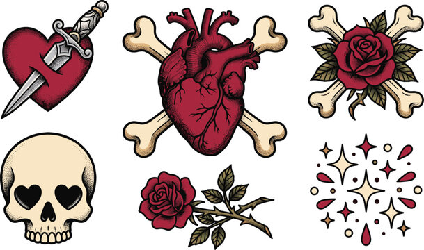 Old School Tattoo Flash Icon Set with Skull Human Anatomical Heart Crossbones Dagger Piercing Rose Flower and Sparkle Elements Vector Design