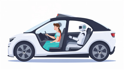 Fototapeta premium 助手席でリラックスして外を眺める女性と運転席でハンドルを握る自動運転ロボット