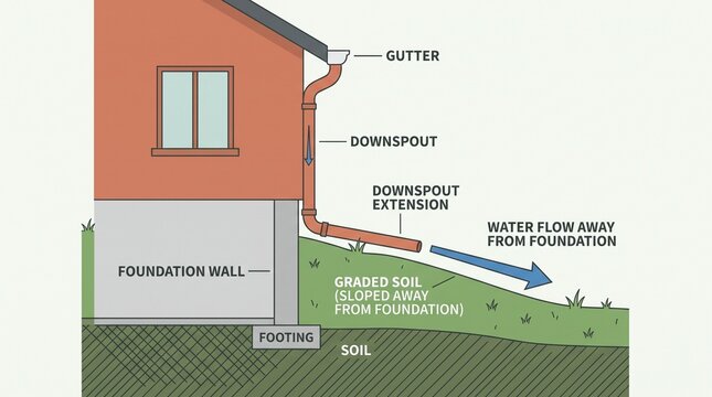 Diagram showing proper yard grading and downspout placement to keep water away from a foundation.