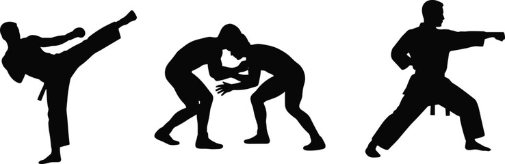 Set of martial arts fighters silhouettes vector illustration featuring karate high kick wrestling match and karate punch pose © Subrata