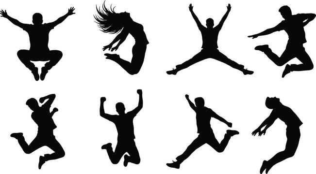Set of joyful jumping people silhouettes vector illustration celebrating success energy freedom and active healthy lifestyle
