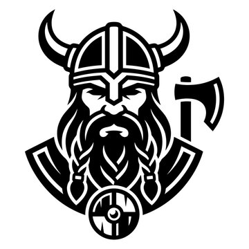 Viking warrior head with horned helmet and axes