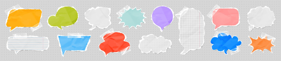 Fototapeta premium Speech bubble set. Torn paper taped with adhesive tape. Collection of textured ripped paper dialog balloons isolated. Realistic paper texture. For comics, notes, creative design. Vector illustration.