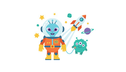Naklejka premium Cute alien astronaut in an orange spacesuit walking a three-eyed green pet monster on a leash through starry outer space with a rocket ship.